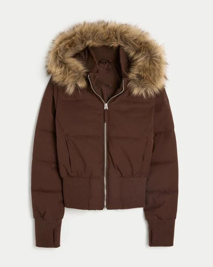 Womens Faux Fur Hooded Jacket Quilted Cropped Coat Winter Fashion Outerwear With Zipper Pockets 6