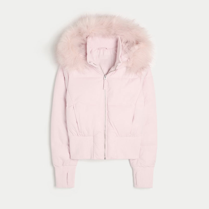 Womens Faux Fur Hooded Jacket Quilted Cropped Coat Winter Fashion Outerwear With Zipper Pockets 7