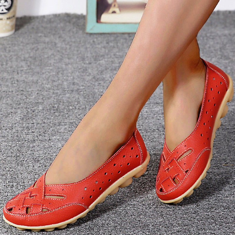 Genuine Leather Womens Flats Comfortable SlipOn Loafers Hollow Nurse Shoes  Ballet Flats For Casual 2