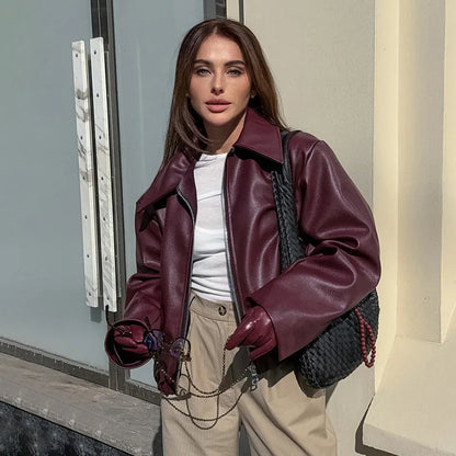 Retro Motorcycle Jacket for Women, Wine Red PU Leather, Autumn Fashion, Matte Finish
