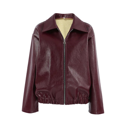 Retro Motorcycle Jacket for Women, Wine Red PU Leather, Autumn Fashion, Matte Finish