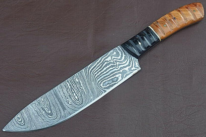 Custom Handmade Damascus Chef Knife  Precision Blade With Groov Dollar Wood Grip 3