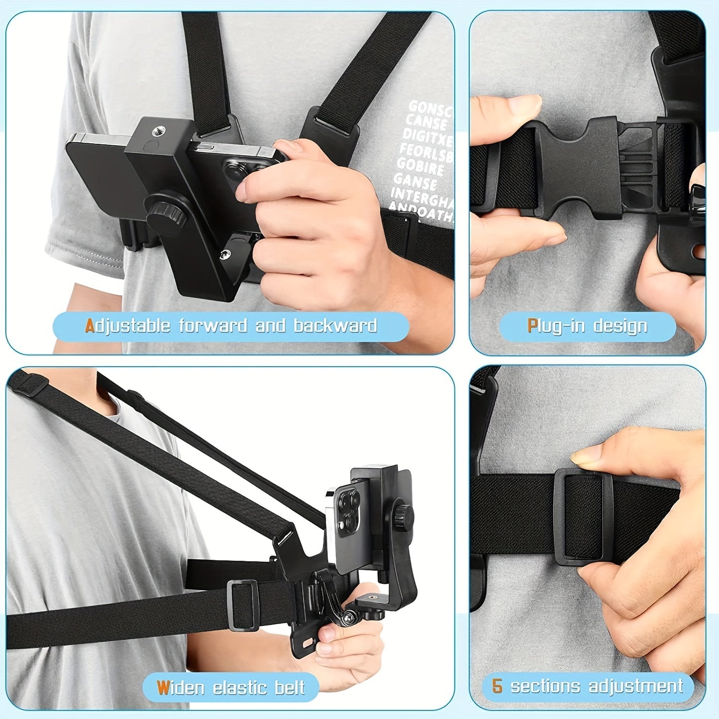 Durable ABS Material Chest Mount Phone Holder, 5-in-1 Design, Adjustable Strap, Ergonomic Shoulder Fit