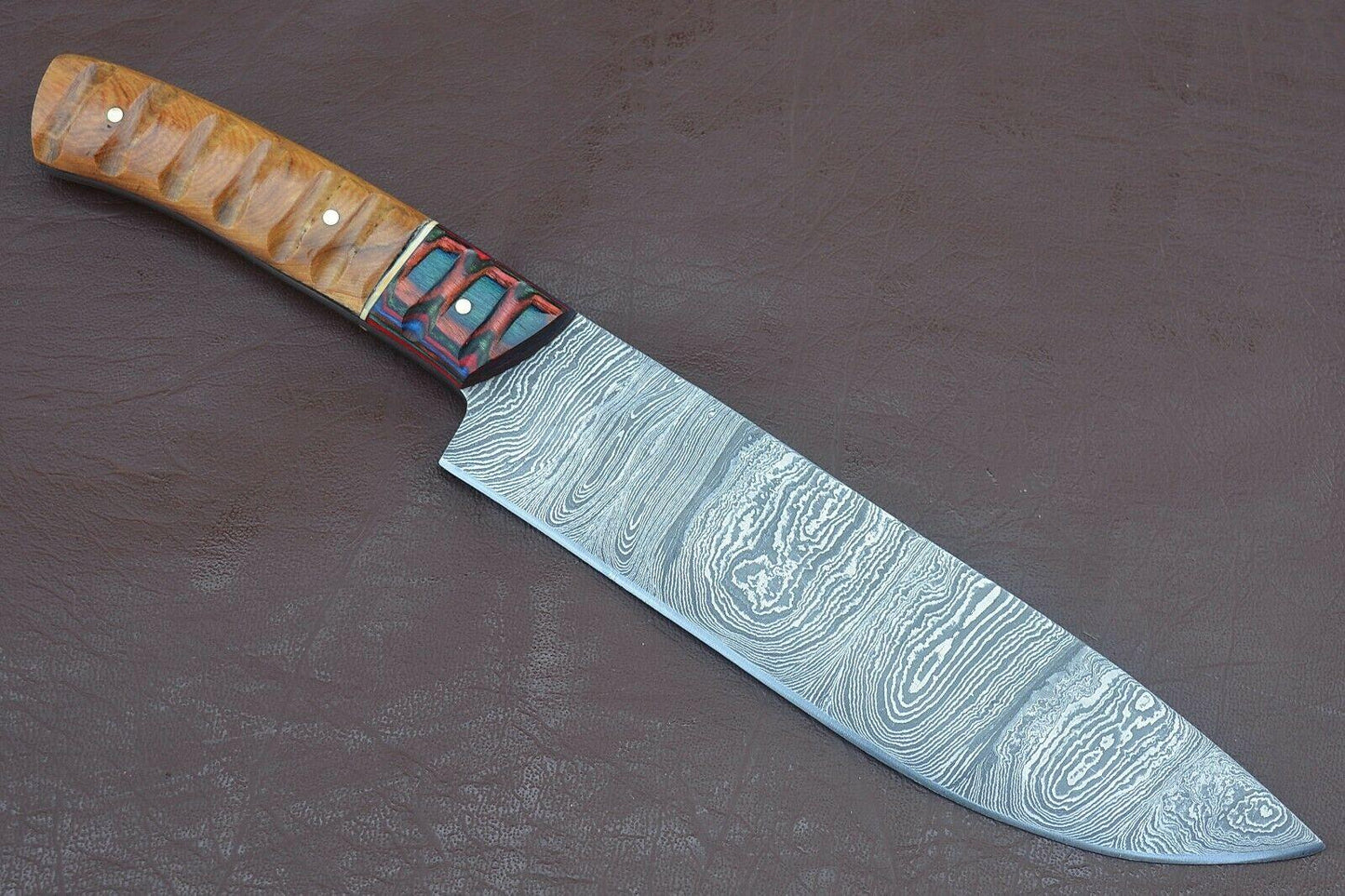 Elite Culinary Blade  Full Tang Damascus Chef Knife  Groov Dollar Wood Handle Design 1