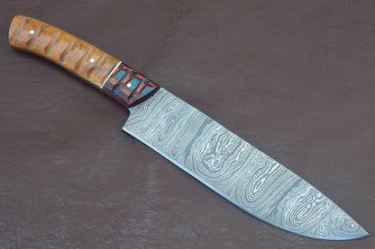 Elite Culinary Blade  Full Tang Damascus Chef Knife  Groov Dollar Wood Handle Design 1