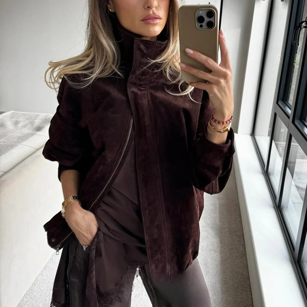 Women's Streetwear Suede Jacket, Chic Brown Bomber Coat, Long Sleeve Zipper, Casual Elegant Outwear, Fall Winter