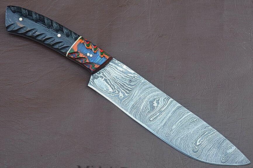 Custom Damascus Steel Kitchen Knife  HandForged Chef Knife With Grooved Wooden Handle 1
