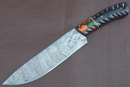 Custom Damascus Steel Kitchen Knife | Hand-Forged Chef Knife with Grooved Wooden Handle