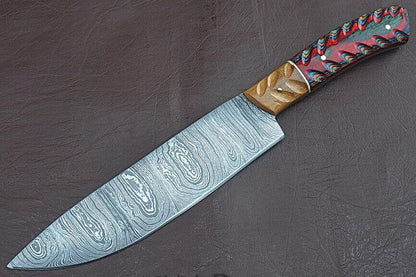 Luxury Handmade Damascus Chef Knife | Groov Dollar Wood Handle | Professional Kitchen Tool