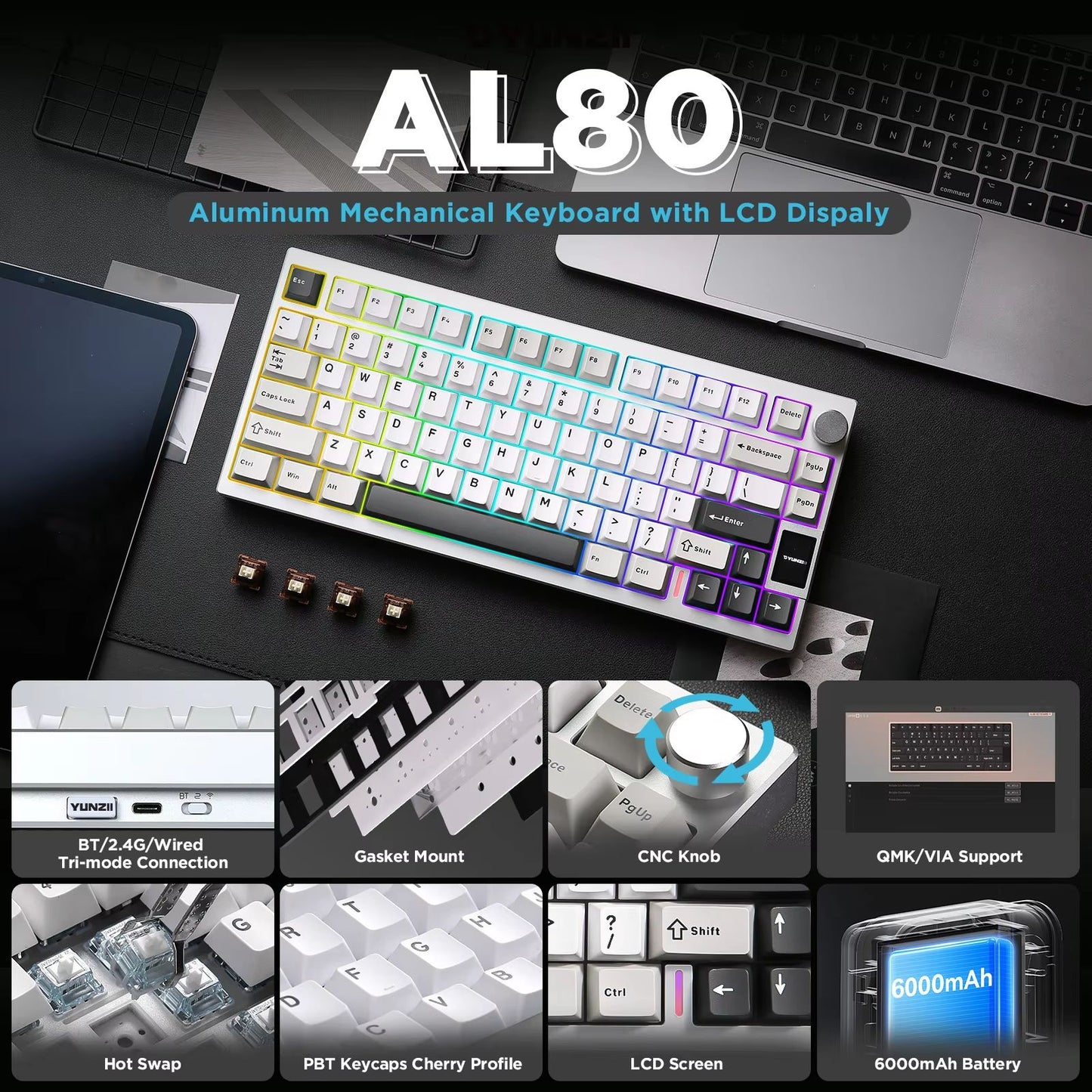 YUNZII AL80 Silver Wireless Mechanical Keyboard  Full Aluminum Custom HotSwap Keyboard With LCD Dis 1