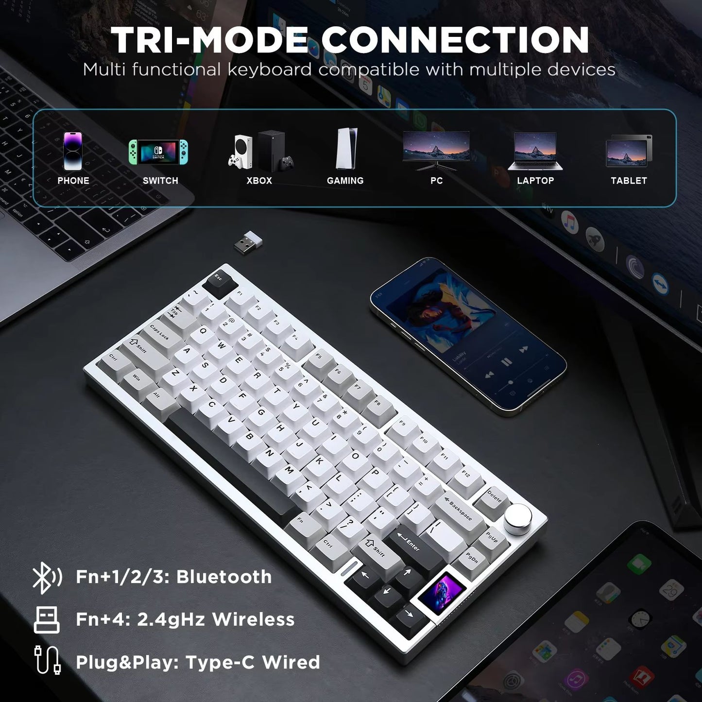YUNZII AL80 Silver Wireless Mechanical Keyboard  Full Aluminum Custom HotSwap Keyboard With LCD Dis 4