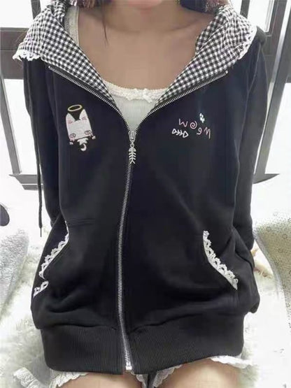 Cute Cat Ear Hooded Jacket, Women Y2k Black Plaid Coat, Autumn Loose Fit Zipper Top, Mujer Fashion