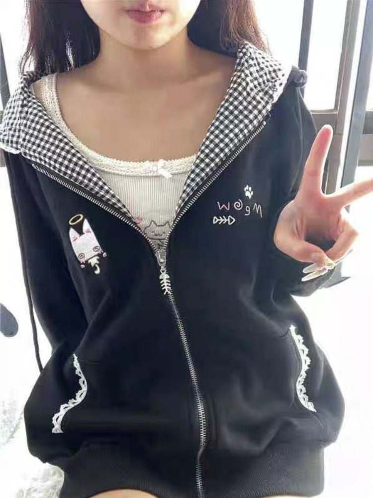 Cute Cat Ear Hooded Jacket Women Y2k Black Plaid Coat Autumn Loose Fit Zipper Top Mujer Fashion 1