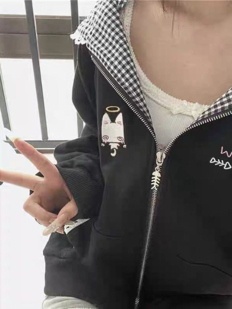 Cute Cat Ear Hooded Jacket Women Y2k Black Plaid Coat Autumn Loose Fit Zipper Top Mujer Fashion 2