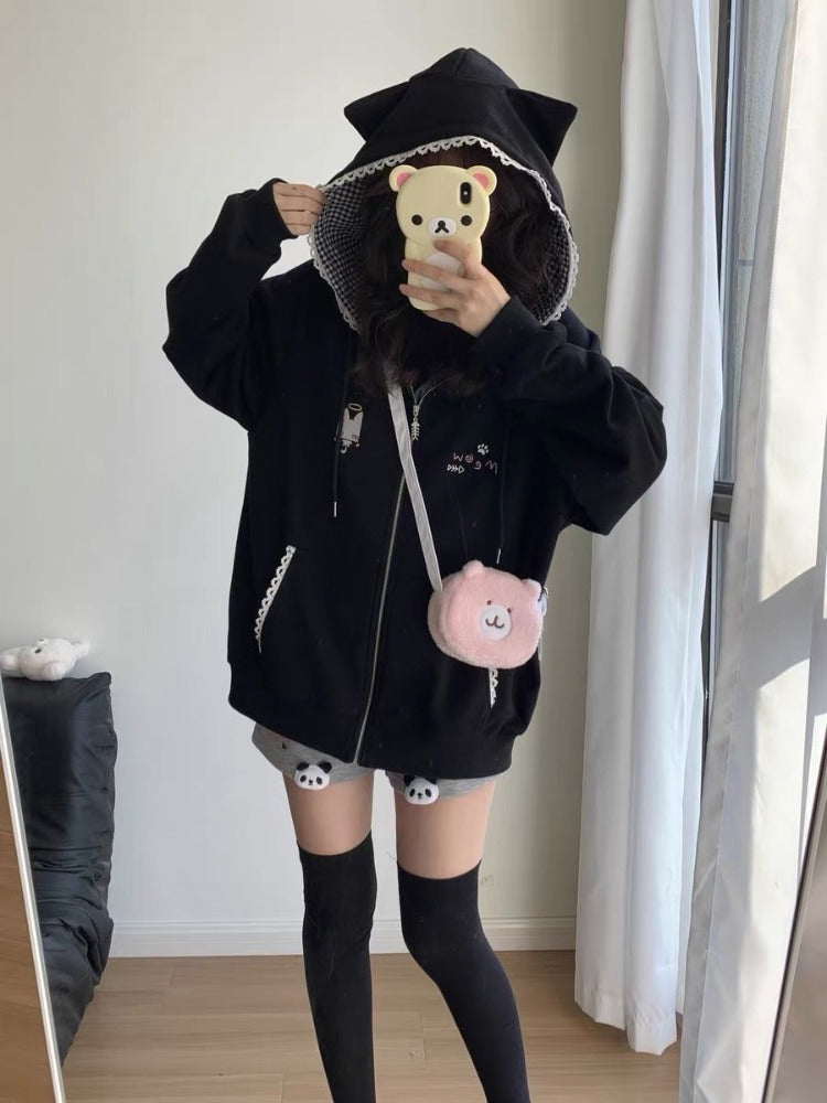 Cute Cat Ear Hooded Jacket Women Y2k Black Plaid Coat Autumn Loose Fit Zipper Top Mujer Fashion 3