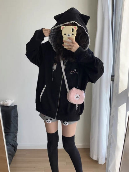 Cute Cat Ear Hooded Jacket Women Y2k Black Plaid Coat Autumn Loose Fit Zipper Top Mujer Fashion 3
