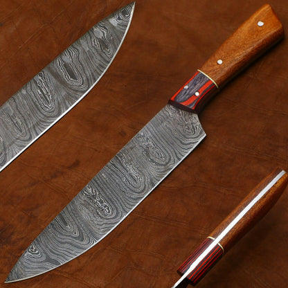 Custom Handmade Damascus Cooking Knife | Full Tang Blade with Rose Wood Handle