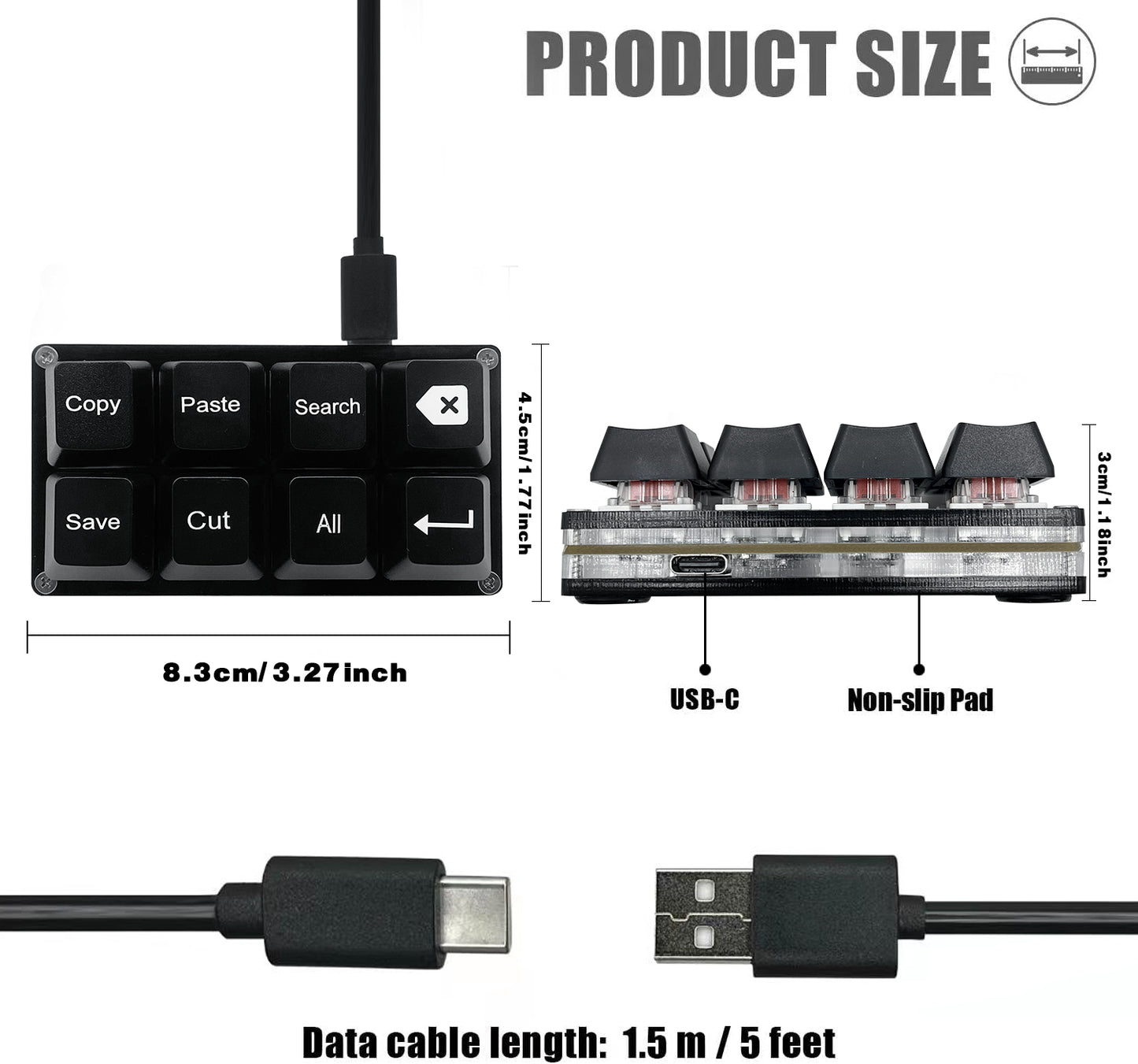 Programmable USB Keyboard, 8 Keys Shortcut Keypad, Small Mechanical Keycaps Keyboard, One Handed Work Hotkey Pad