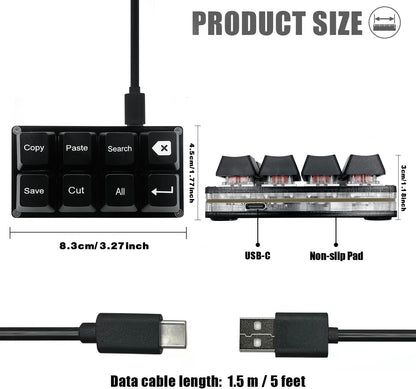Programmable USB Keyboard, 8 Keys Shortcut Keypad, Small Mechanical Keycaps Keyboard, One Handed Work Hotkey Pad