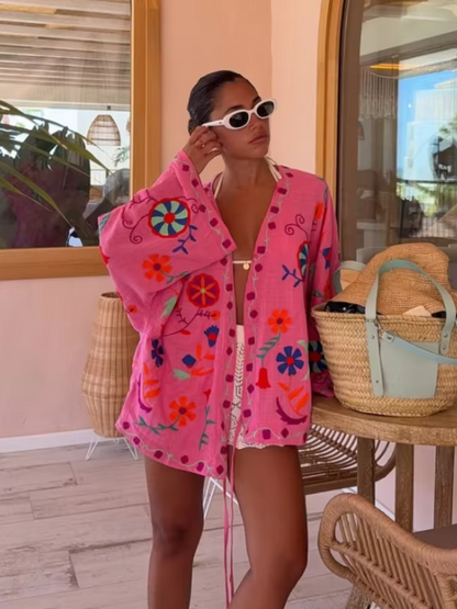 Womens Pink Embroidered Short Coat Casual Cotton Linen Jacket Long Sleeve V Neck Lace Up Outerwear  1