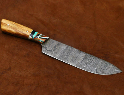 Custom 11Inch Damascus Steel Chef Knife  HandForged Kitchen Knife With Pakka Wood Handle 1