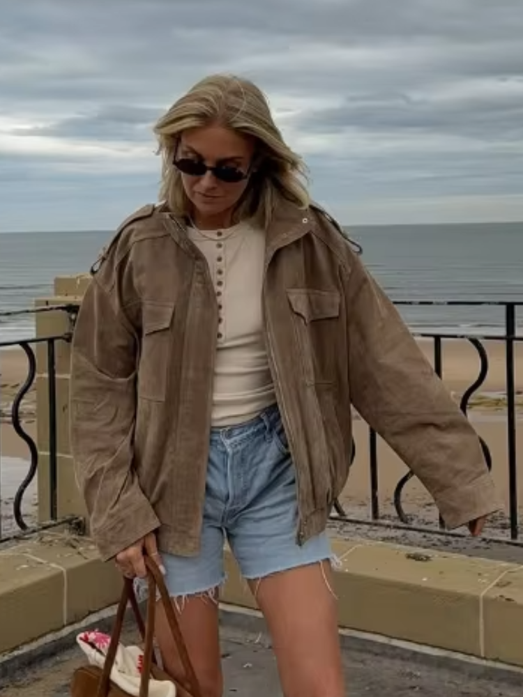 Vintage High Street Tops, Fashion Loose Khaki Suede Jacket Women, Lapel Zipper Long Sleeve Pockets Coat, Spring Autumn
