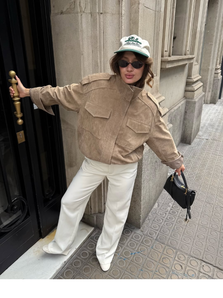 Vintage High Street Tops, Fashion Loose Khaki Suede Jacket Women, Lapel Zipper Long Sleeve Pockets Coat, Spring Autumn