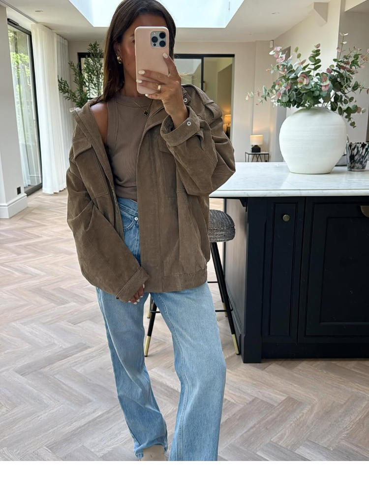 Vintage High Street Tops, Fashion Loose Khaki Suede Jacket Women, Lapel Zipper Long Sleeve Pockets Coat, Spring Autumn