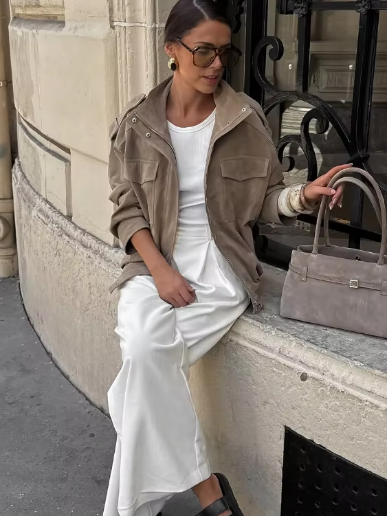Vintage High Street Tops, Fashion Loose Khaki Suede Jacket Women, Lapel Zipper Long Sleeve Pockets Coat, Spring Autumn