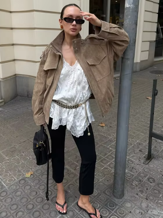 Vintage High Street Tops, Fashion Loose Khaki Suede Jacket Women, Lapel Zipper Long Sleeve Pockets Coat, Spring Autumn