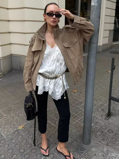 Vintage High Street Tops, Fashion Loose Khaki Suede Jacket Women, Lapel Zipper Long Sleeve Pockets Coat, Spring Autumn