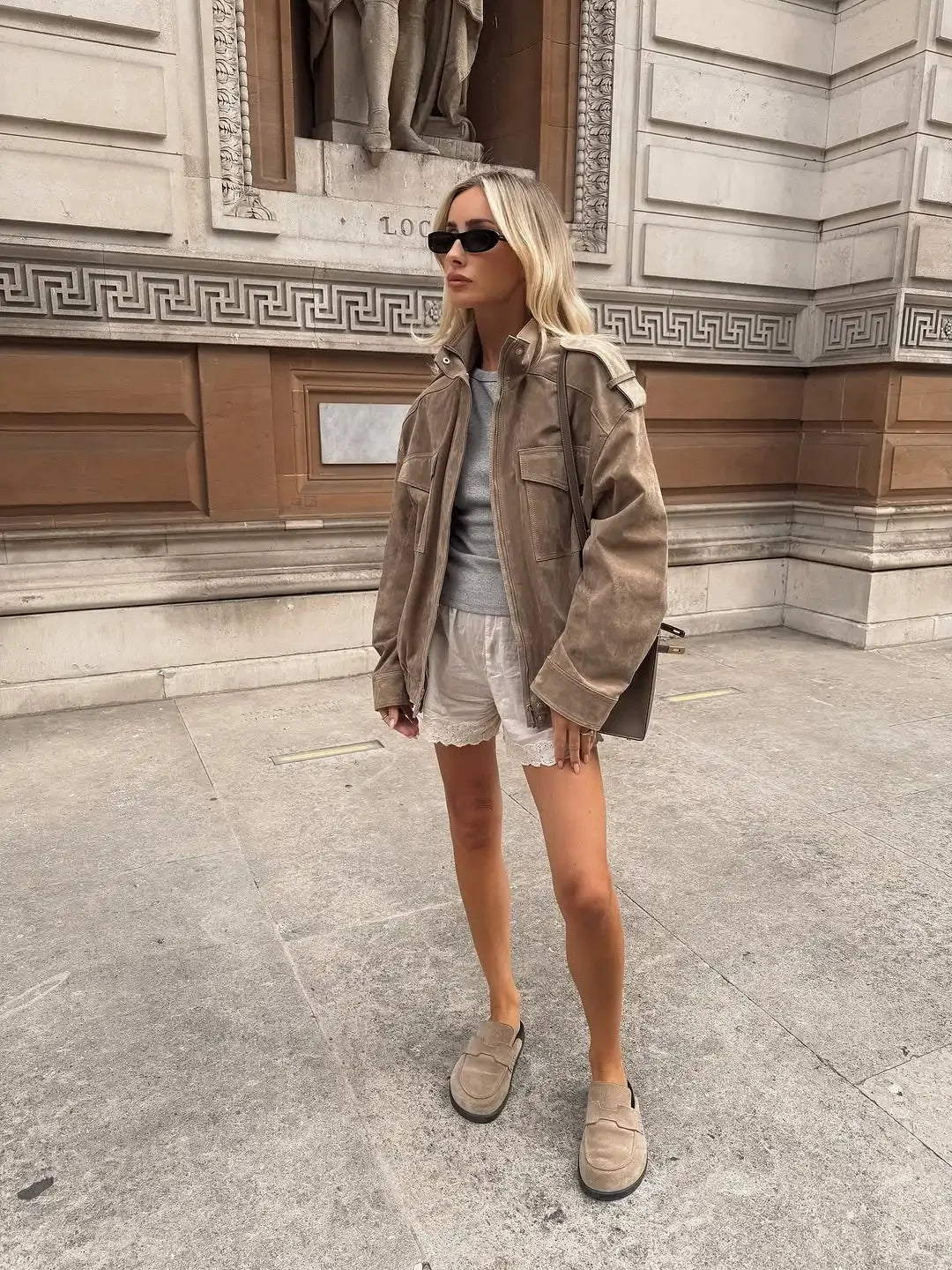 Vintage High Street Tops, Fashion Loose Khaki Suede Jacket Women, Lapel Zipper Long Sleeve Pockets Coat, Spring Autumn