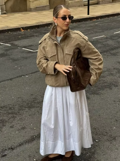 Vintage High Street Tops, Fashion Loose Khaki Suede Jacket Women, Lapel Zipper Long Sleeve Pockets Coat, Spring Autumn