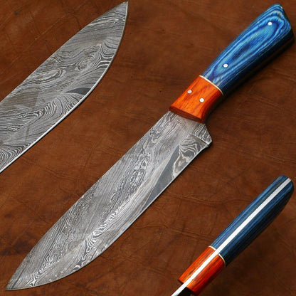 Full Tang Damascus Kitchen Knife | 11" Handcrafted Chef Knife with Pakka Wood Handle