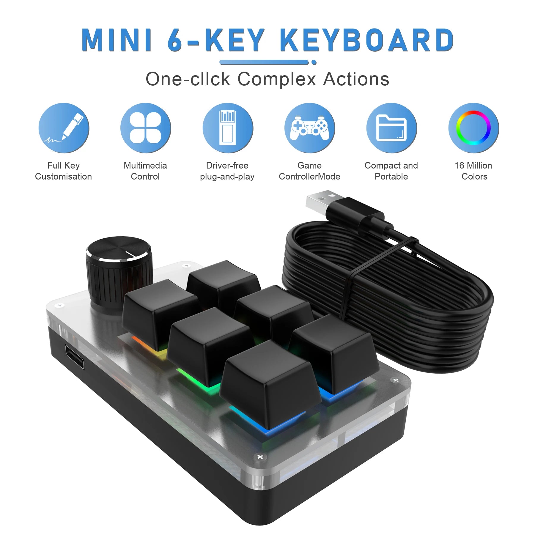 Mini Custom Programming Keyboard, 6 Keys 1 Knob RGB Programming, Macro Gaming Knob Keypads, USB Mechanical Keyboard