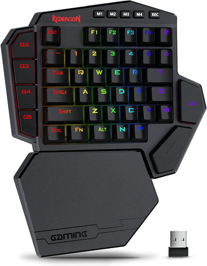 One Handed Mechanical Keyboard, Redragon K585 PRO Wireless, RGB 7 Onboard Macro Keys, Detachable Wrist Support