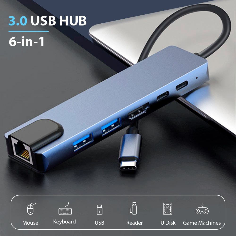 Laptop Docking Station USB C, 6 in 1 USB Type C Hub, RJ45 High Transmission, 65W Power Delivery, HDMI 4K Display