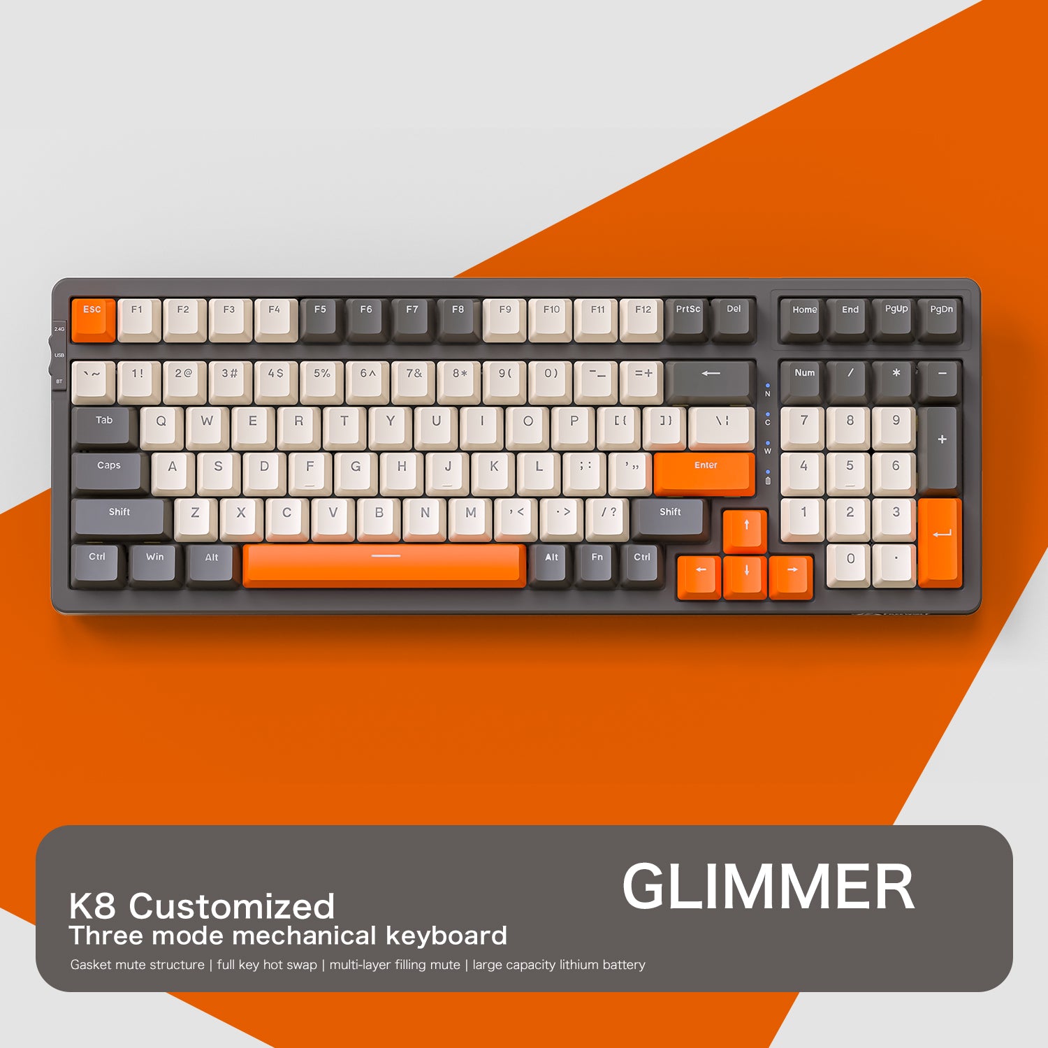 Gasket Muffler Structure Mechanical Keyboard, Tri Mode Wireless Connection, Full Key Hot Swap, 18 Lighting Effects