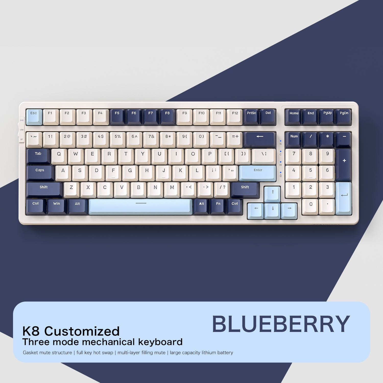 Gasket Muffler Structure Mechanical Keyboard, Tri Mode Wireless Connection, Full Key Hot Swap, 18 Lighting Effects