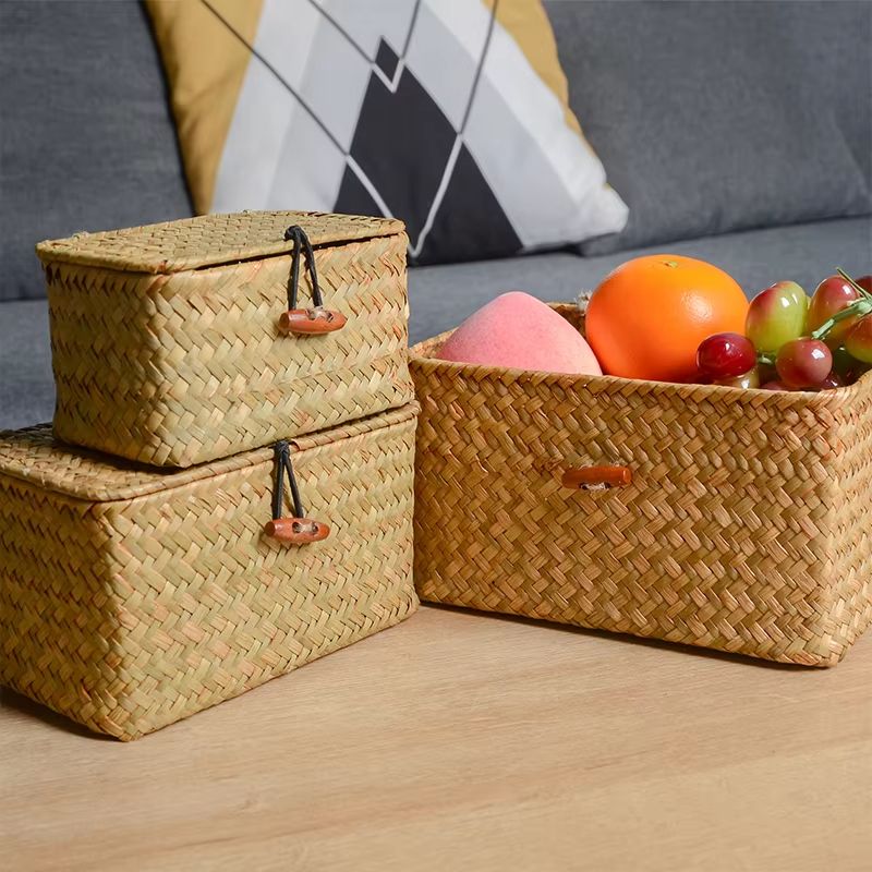 Handmade Seagrass Storage Basket With Lid  Natural Rattan Woven Organizer For Home Makeup  Accessor 1