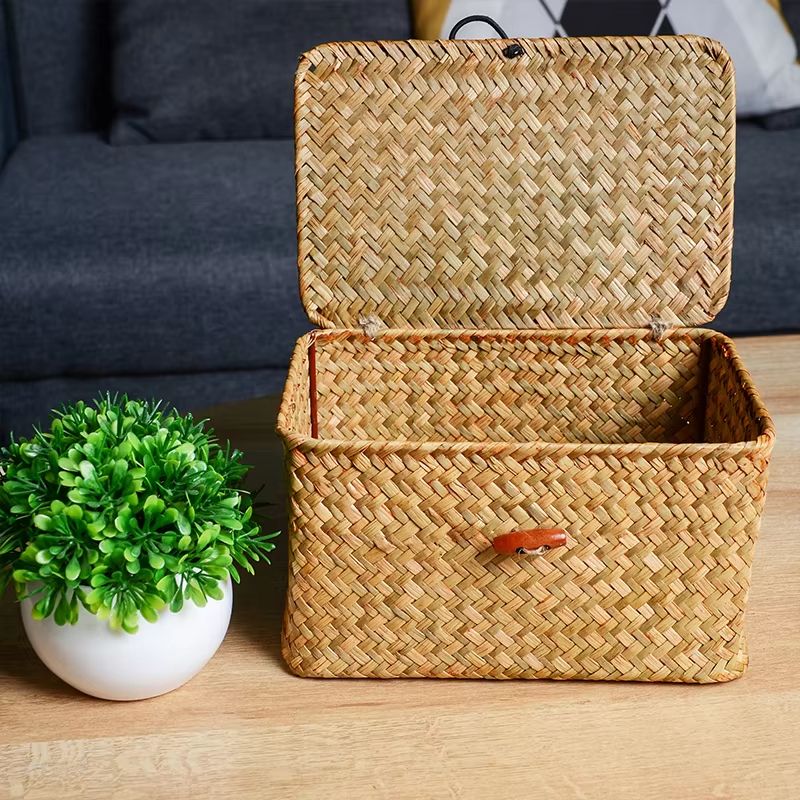 Handmade Seagrass Storage Basket With Lid  Natural Rattan Woven Organizer For Home Makeup  Accessor 2