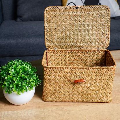 Handmade Seagrass Storage Basket With Lid  Natural Rattan Woven Organizer For Home Makeup  Accessor 2