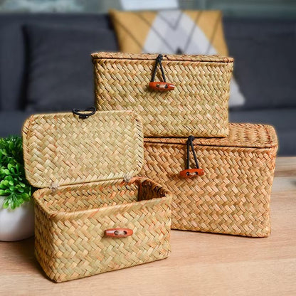 Handmade Seagrass Storage Basket With Lid  Natural Rattan Woven Organizer For Home Makeup  Accessor 4
