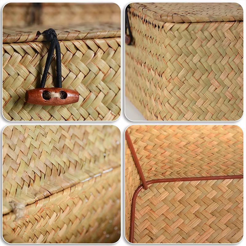 Handmade Seagrass Storage Basket With Lid  Natural Rattan Woven Organizer For Home Makeup  Accessor 5