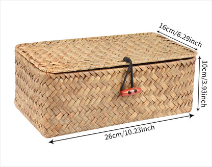 Handmade Seagrass Storage Basket With Lid  Natural Rattan Woven Organizer For Home Makeup  Accessor 7