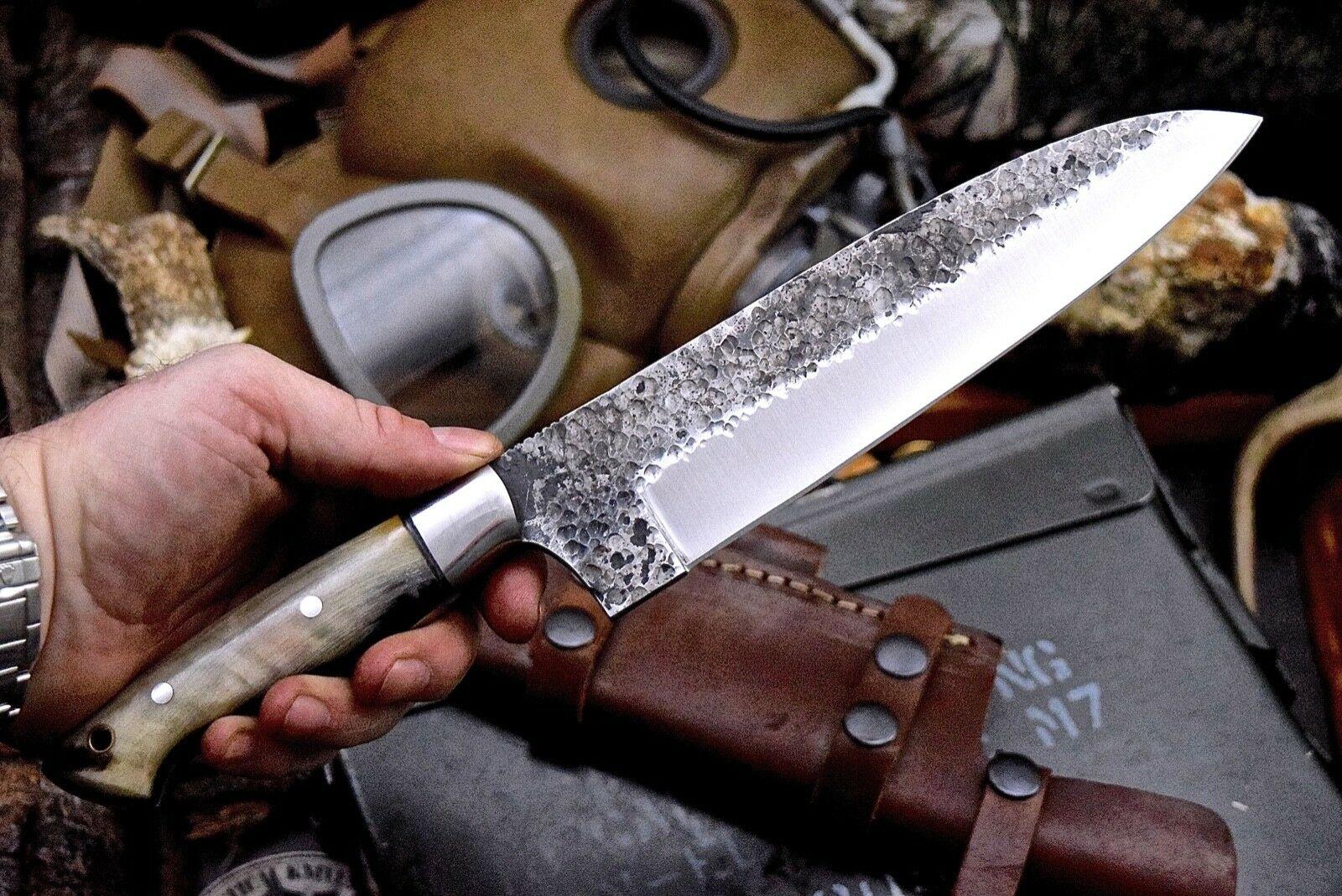 Custom Handmade Hammered D2 Buffalo Horn Large 7Inch Camp Chef Hunter Knife With Leather Sheath 1