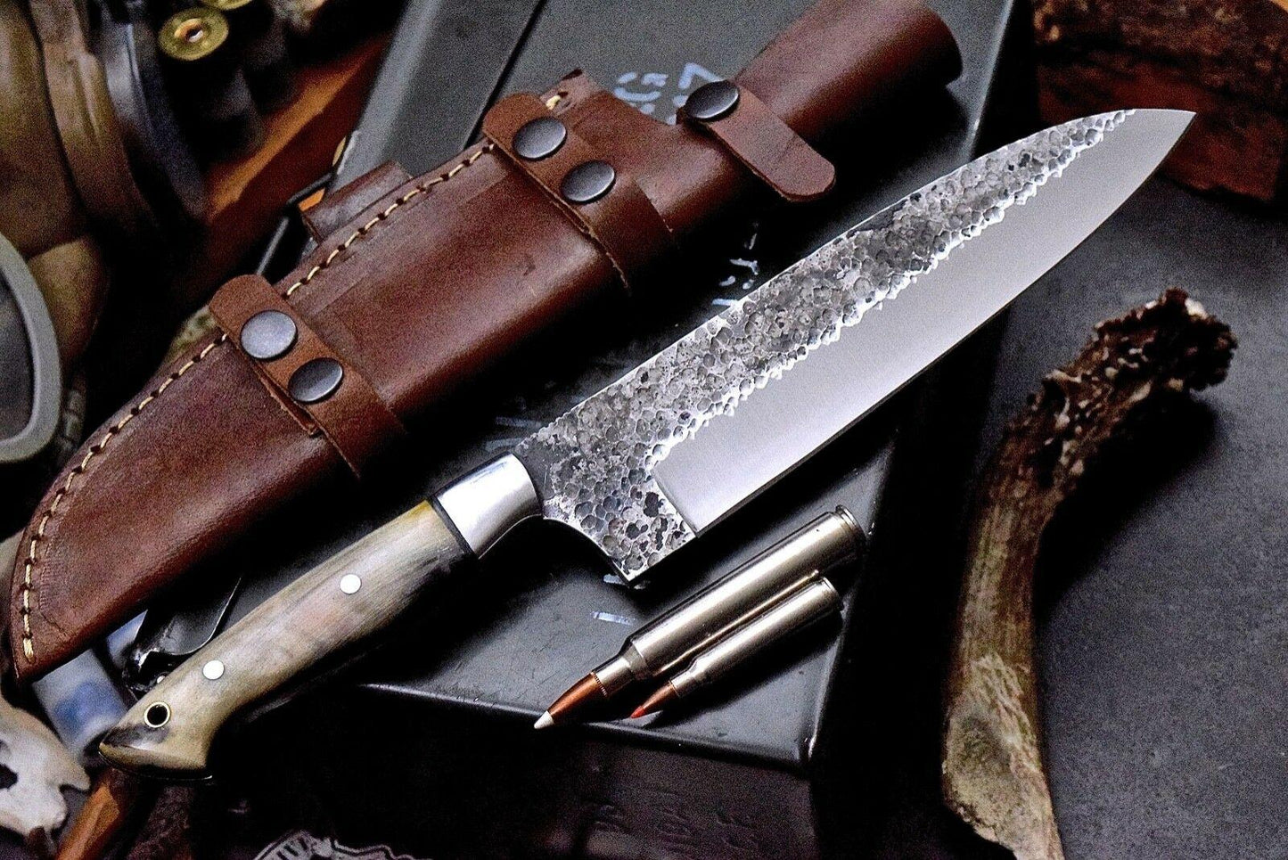 Custom Handmade Hammered D2 Buffalo Horn Large 7-Inch Camp Chef Hunter Knife with Leather Sheath