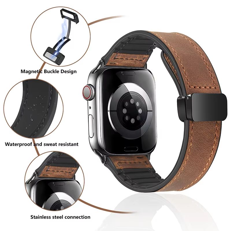 Luxury Leather Silicone Band For Apple Watch Ultra 10 9 8 SE  Mens Hybrid Bracelet Strap For IWatch 5
