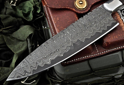 Custom Forged Damascus Kitchen Knife  Zebrawood Handle  Handcrafted 1