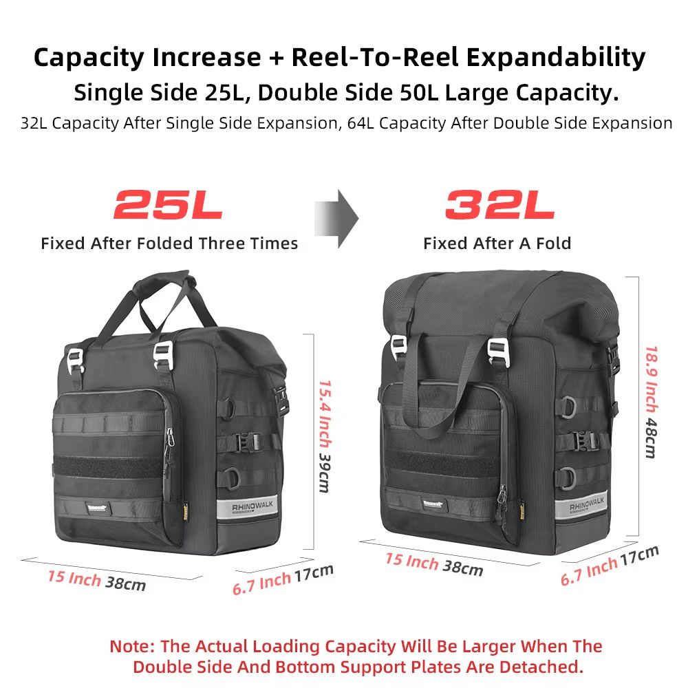 Rhinowalk Waterproof Motorcycle Saddle Bag  Expandable 25L32L Side Pannier With Quick Release And 3 1